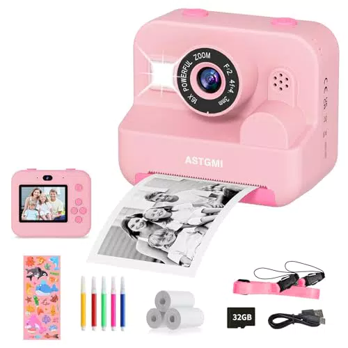 ASTGMI Kamera Kinder sofortdruck, Sofortbildkamera Selfie kinderkamera 2.4-Zoll 1080P HD Video