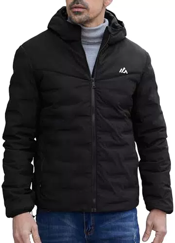 ATLASLAVA Herren Daunenjacke Warme MäNner Winterjacke WintermäNtel Lightweight Outdoor Puffer Jacke Kapuze Schwarz