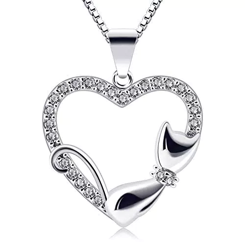B.Catcher Kette Herz Damen Halskette Katze 925 Sterling Silber Schmuck Weihnachtengeschenk 45CM Kettenlänge für Damen Frau Freundin Tochter Mädchen