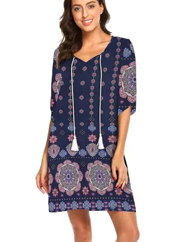BDTECAOR Damen Cover Ups für Bademode Casual Strand T Shirt Kleid Boho Hawaiian Kleid Sommerkleid Navy blau