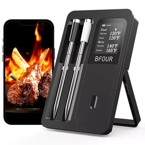 BFOUR Fleischthermometer Kabelloses mit 2 Sonden, Bluetooth Grillthermometer mit Smart Base