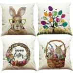 BINXWA 4 Stück Kissenbezug Ostern, Osterdeko Modern Kissenbezug Baumwolle Leinen Ostereier Häschen Kissenhülle Kissenbezug 45 x 45 cm