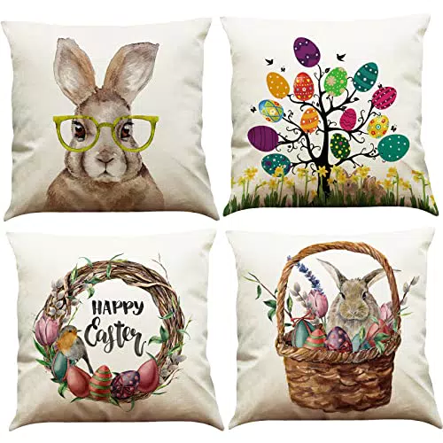 BINXWA 4 Stück Kissenbezug Ostern, Osterdeko Modern Kissenbezug Baumwolle Leinen Ostereier Häschen Kissenhülle Kissenbezug 45 x 45 cm