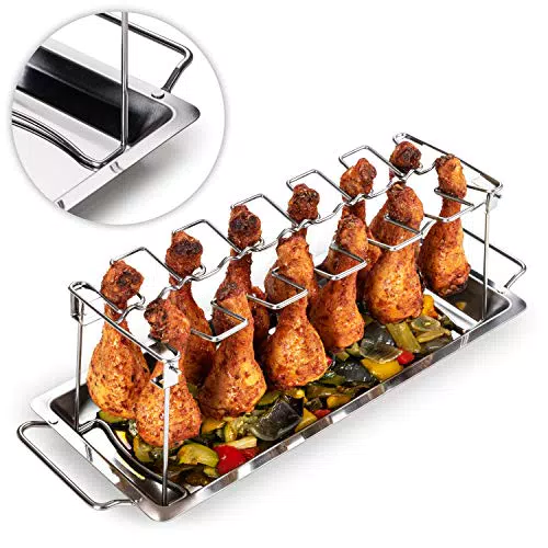 Blumtal Hähnchenschenkel Halter aus 100% Edelstahl inkl. Auffangschale Backofenfest - Robuster Hähnchen Grill Ständer - für 12 Schenkel