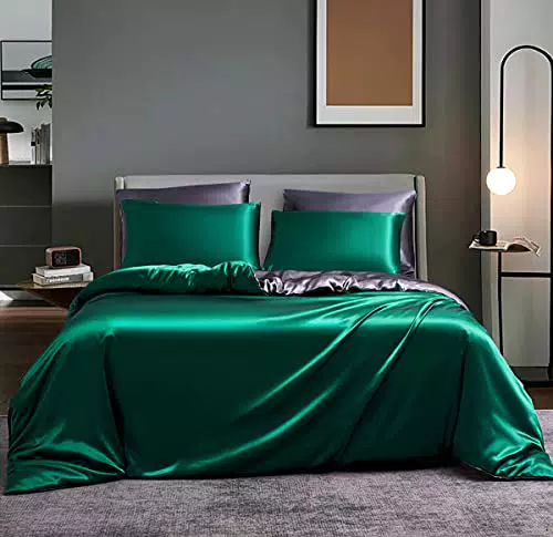 Boqingzhu Satin Bettwäsche 200x200cm Grün Grau Luxus Glanzsatin Seidenbettwäsche Set Wende Dunkelgrün Anthrazit Uni Einfarbig Glatt Glänzend Bettbezug und 2 Kissenbezüge 80x80cm