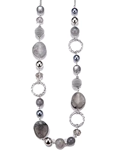 Bulinlin Damen Lange Perlenkette Statement Boho Silber Metallkette Hochzeitstag Modeschmuck Geschenke Pullover Halskette für Frauen（Grey）