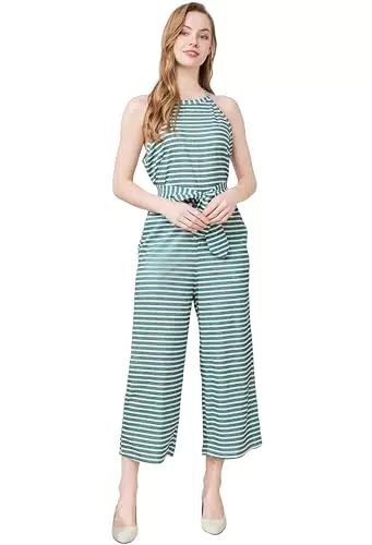 Canil4Y Damen Jumpsuit Sommer Overall Frauen Gestreiften Hosenanzug Ärmellos Playsuit Breites Bein Romper Spielanzug Weites Bein Grün X