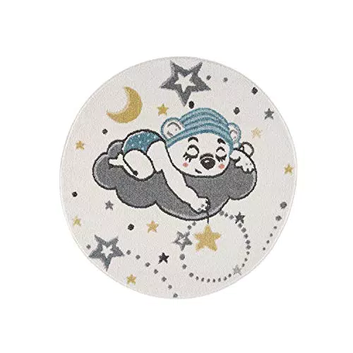 carpet city Kinderteppich Kinderzimmer Creme - 120 cm Rund - Nachthimmel Sterne Mond - Kinderzimmerteppiche Mädchen Jungen - Babyzimmer-Teppich - Spielteppich