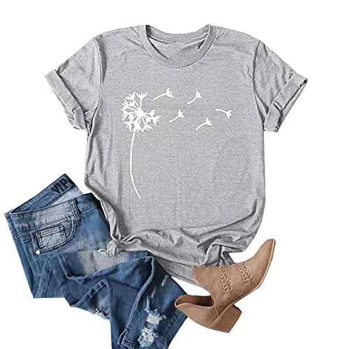 Cicy Bell Tops für Damen Pusteblume T-Shirt Grafische Löwenzahn Druck Rundhals Sommer Baumwoll Kurzarm T Shirts Grau