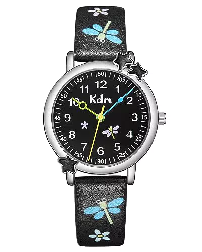 CIVO Kinderuhr Mädchen Jungen Lernuhr Leder - Armbanduhr Kinder Schwarz Analog Quarz Wasserdicht Mädchen Uhr Zeit Lernen