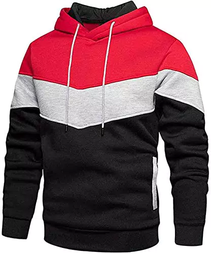 comefohome Hoodie Herren Pullover Langarm Sweatjacke Kapuzenpullover Farbblock Sweatshirt Red X-Large
