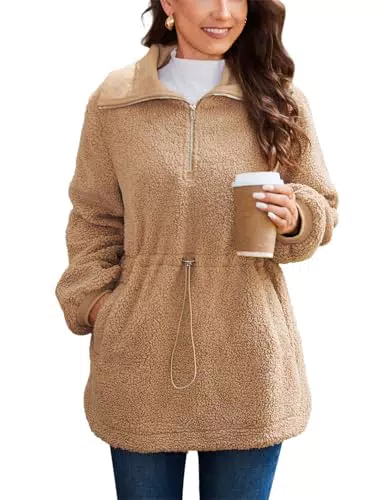 CURLBIUTY Damen Pullover mit halbem Reißverschluss und Stehkragen aus Teddyfleece
