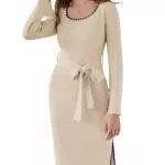 CURLBIUTY Herbst Mittellanges Strickkleid für Damen Quadratischem Ausschnitt Langen Glockenärmeln Pulloverkleid Beige