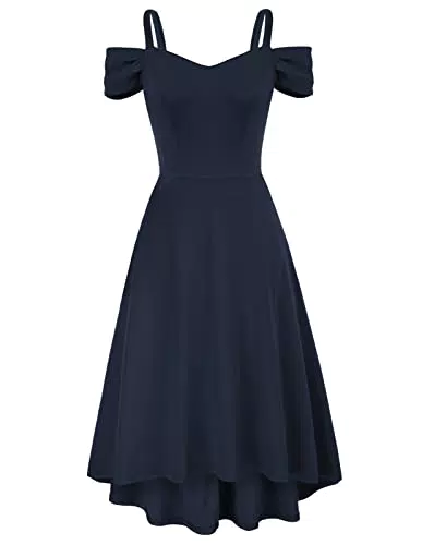 Damen High-Low Saum Faltenrock Schulterfrei Abendkleid Elegant V-Ausschnitt Spagehtti Träger Cocktailkleid XL Navy Blau CL1742A22-02