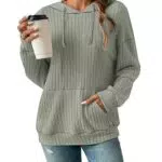 Damen Hoodie Pullover Langarm Herbst Winter Casual Loose Kapuzenpullover Streifen Fallende Schultern Kordelzug Sweatshirt Grasgrün XX