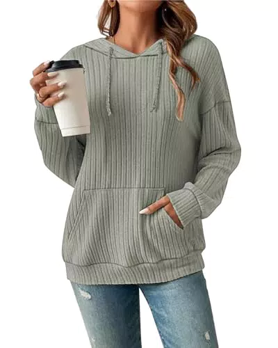 Damen Hoodie Pullover Langarm Herbst Winter Casual Loose Kapuzenpullover Streifen Fallende Schultern Kordelzug Sweatshirt Grasgrün XX