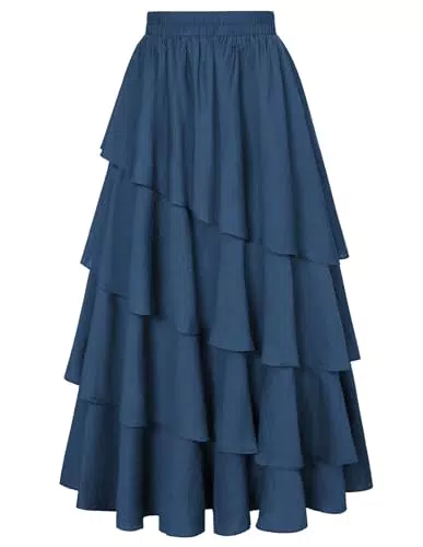 Damen Renaissance Trachtenrock Vintage Hohe Taille mit Taschen Maxi Rock Denim Blau