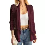 Damen Slim Fit Strickjacke A-Linie Rüschen Cardigan Einfarbige Weinrote Strickjacke Langarm Herbst Strickmantel Weinrot