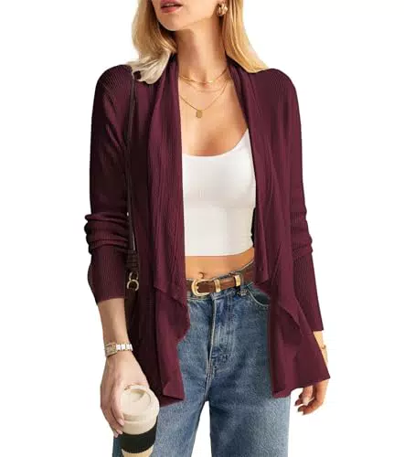 Damen Slim Fit Strickjacke A-Linie Rüschen Cardigan Einfarbige Weinrote Strickjacke Langarm Herbst Strickmantel Weinrot