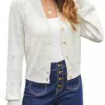 Damen Vintage Strickjacke Kurz V-Ausschnitt Knopfleiste Reverskragen Cardigan Bolero Weiß