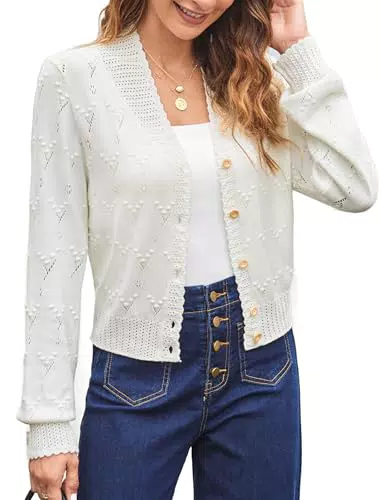 Damen Vintage Strickjacke Kurz V-Ausschnitt Knopfleiste Reverskragen Cardigan Bolero Weiß