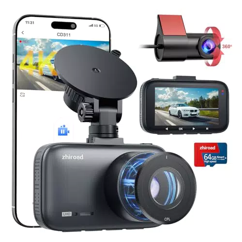 Dashcam Auto Vorne Hinten mit CPL Filter, 4K+1080P WiFi AutoKamera mit 64G SD Karte
