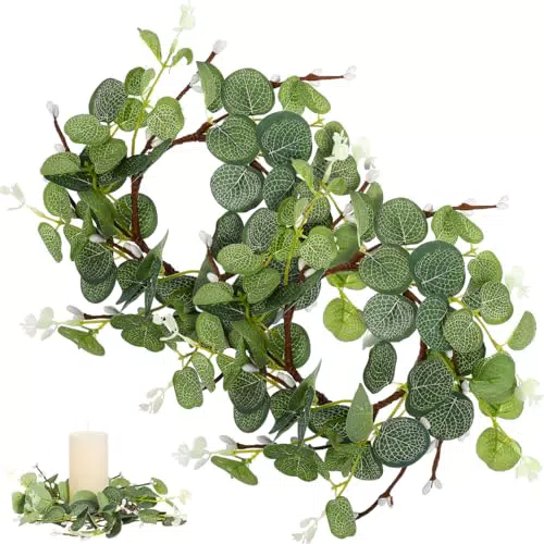 DEARMAMY 2 Stück Kerzenringe Kerzenkränze Kerzenringe Kränze Künstliche Eukalyptusblätter Kränze Kerzenhalter Kranz Stumpenkerzenhalter für Hochzeit Tisch Party Zuhause Osterdekoration