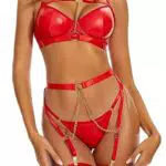 Dessous-Sets Reizwäsche für Damen Sexy Unterwäsche für Frau Lingerie Sexy Outfit mit Strapsgürtel mit Strumpfband mit BH und Slip 6-Teilig Karminrot