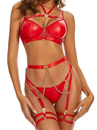 Dessous-Sets Reizwäsche für Damen Sexy Unterwäsche für Frau Lingerie Sexy Outfit mit Strapsgürtel mit Strumpfband mit BH und Slip 6-Teilig Karminrot