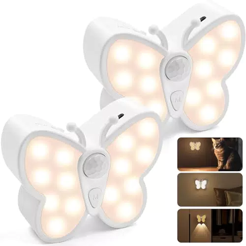 Deyagoo Nachtlicht mit Bewegungsmelder, 2 Stück Schmetterling LED Nachtlampe mit Strahler USB Wiederaufladbar