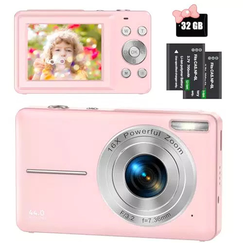 Digitalkamera 44MP 1080P FHD Fotokamera Kompaktkamera 16X Digitalzoom Fotoapparat mit 32GB Speicherkarte