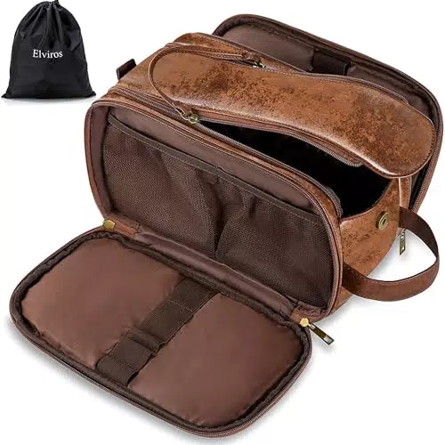 Elviros Kulturbeutel PU-Leder für Herren große wasserdichte Reise-Kulturtasche Waschtasche
