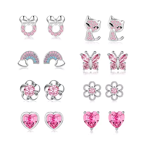 EXGOX 8Paare Hypoallergen Ohrstecker Silber925 Damen Mädchen Tiny Ohrstecker Silber AAAAA Zirkonia SterlingSilber Ohrringe Set Schmetterling Silber Ohrringe Mädchen