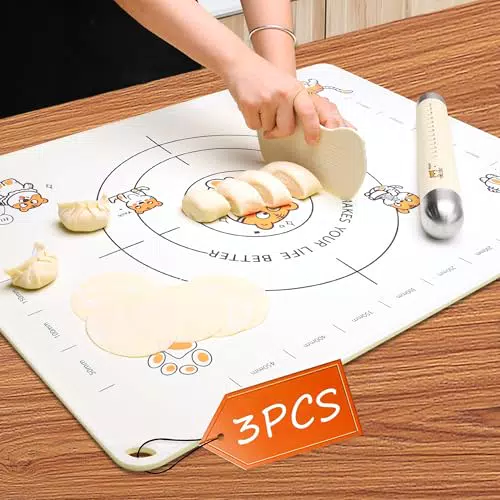 Extra Große Silikon Backmatte Set - 86x60cm Verdickt Antihafte Backunterlage mit Nudelholz & Teigschaber - Rutschfeste Teigmatte Ausrollmatte mit Maßen und Verdicktem Rand für GebäCk Nudeln Kekse Brot
