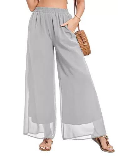 Famulily Damenhose Casual Chiffon Hose Sommer Flowy Lange Hose Leichte Weitbeinhose Grau