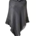 Ferand Damen Poncho mit Kapuze und gehäkeltem Cape mit Fransensaum für Herbst Winter - One Size - Grau
