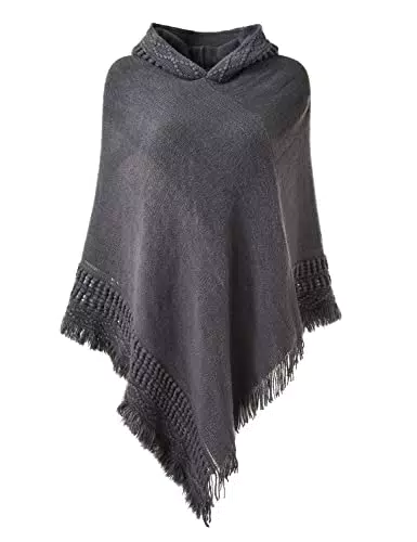 Ferand Damen Poncho mit Kapuze und gehäkeltem Cape mit Fransensaum für Herbst Winter - One Size - Grau
