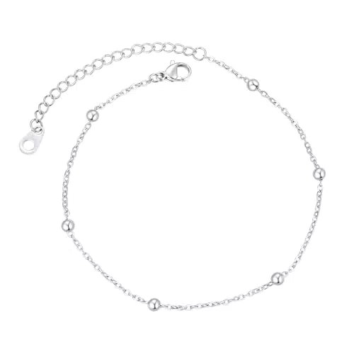 FindChic Damen Fusskette Mode Trendy Edelstahl Einstellbare Fußkettchen Perlen Feine Kette All-Match Fußkettchen Frauen Knöchel Strands Schmuck Silber