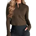 Fisoew Damen T-Shirt Gym Langarm Crop Top Sportshirt Oberteil mit Halber Reißverschluss Schmale Yoga Sport Shirts mit Daumenlöchern