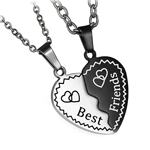 Flongo BFF Kette für 2 Herz freundschaftskette Beste Freunde Geschenke Edelstahl Halskette Herz Puzzle schwarz Silber mit Gravur Best Friends günstig Geschenk für Freundin Tochter Mädchen