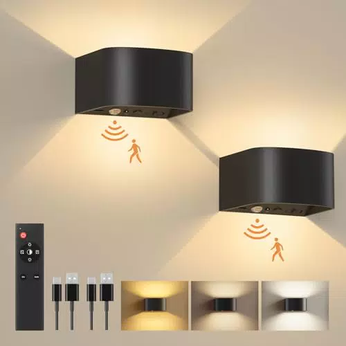 FULEN Akku Wandlampe Innen mit Bewegungssensor, Fernbedienung 3 Farben Wandlicht Up and Down Innen LED Wandleuchte 3 Modi Wiederaufladbare Batteriebetriebene Wandlampen Helligkeit Einstellbar