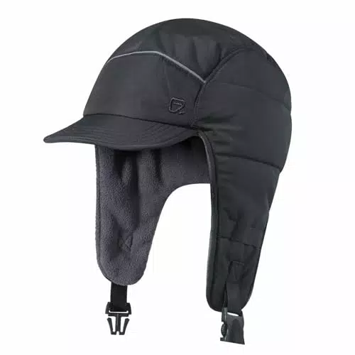 GADIEMKENSD Winter Trapper Hunting Hat with Earflaps Brim Visor Reflective Baseball Cap Warm Aviator Hats for Ski Rain Work Running Golf Outdoor Black