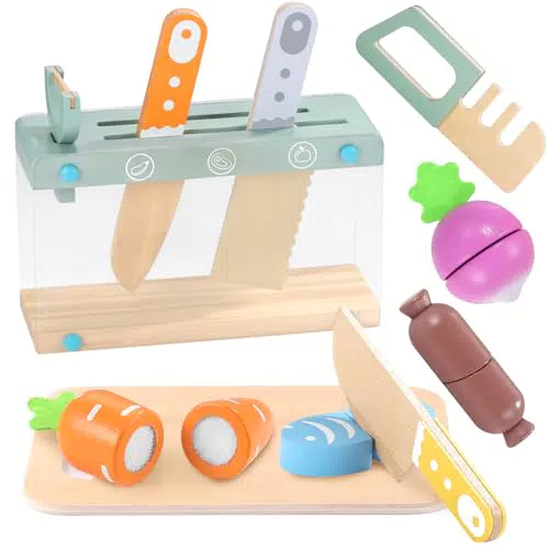 GAGAKU Kindermesser Set Holz Kinderküchen Spielküche Zubehör Kinder Messer ab 3 4 5 6 Jahre Schneidemesser Schneiden Lernen Schneideset Montessori Küchenutensilien Küchenzubehör - 15 Stück