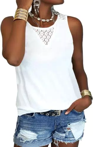 GeGekoko Damen Lace Tank Tops Bluse Sommer Ärmellose Rundhalsausschnitt Casual Spitze Basic Top Weiß