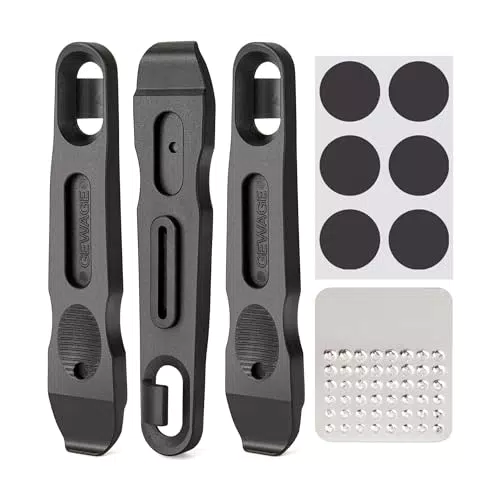 GEWAGE Fahrrad Reifenheber, Fahrradreifen-Reparaturset mit 6 vorgeklebten Reifenflicken und Metallfeilen，Fahrradwechselwerkzeug für die Reparatur von Fahrradschläuchen