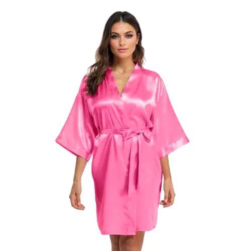 GOODSALEOK Satin Bademantel Damen Sexy Kimono Robe für Frauen V-Ausschnitt Leichtigkeit Nachtwäsche Nachthemd Rose