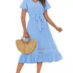 GRACE KARIN Damen A-Linien Freizeit Cocktailkleid Elegante Midilänge mit Gürtel S Himmelblau