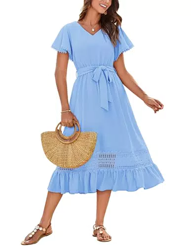 GRACE KARIN Damen A-Linien Freizeit Cocktailkleid Elegante Midilänge mit Gürtel S Himmelblau