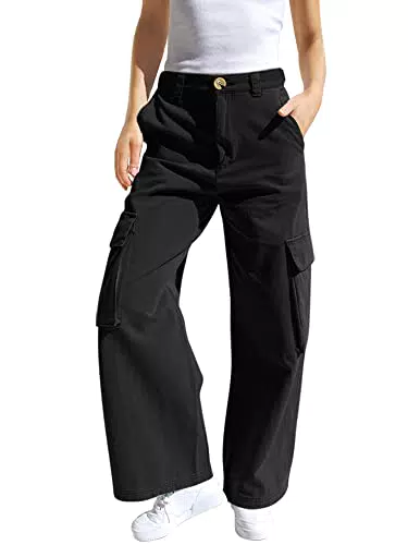 Haloumoning Mädchen Cargohose Baumwoll Y2K Baggy Cargo Hose Kinder Straight Leg Hohe Taille Jogginghose Casual Outdoorhose mit Elastische Taille und Taschen