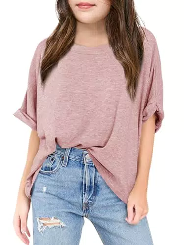 Haloumoning Mädchen Oversized T-Shirts Short Sleeve Oberteile Rundhalsausschnitt Sommer Casual Lose Tops Tees Rosa 130